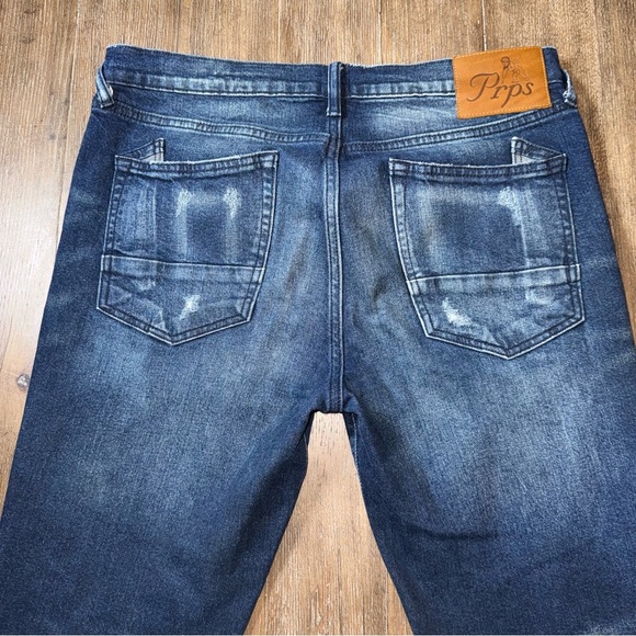 PRPS MEN'S STRAIGHT LEG JEANS  Patched Stretch blue stitched distressed - Picture 12 of 14